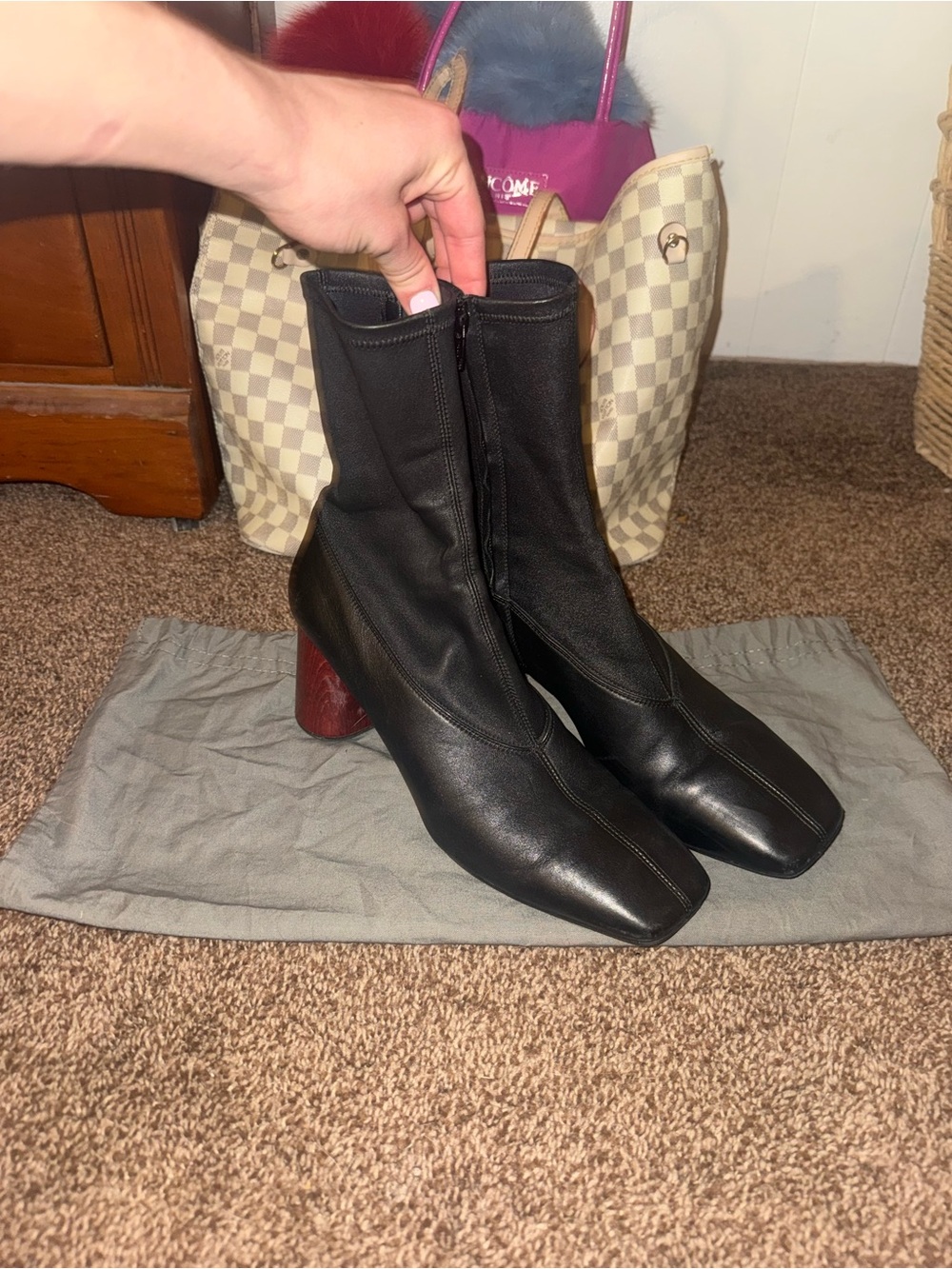 Helmut Lang Black Leather Ankle Boots with Red Block Heel